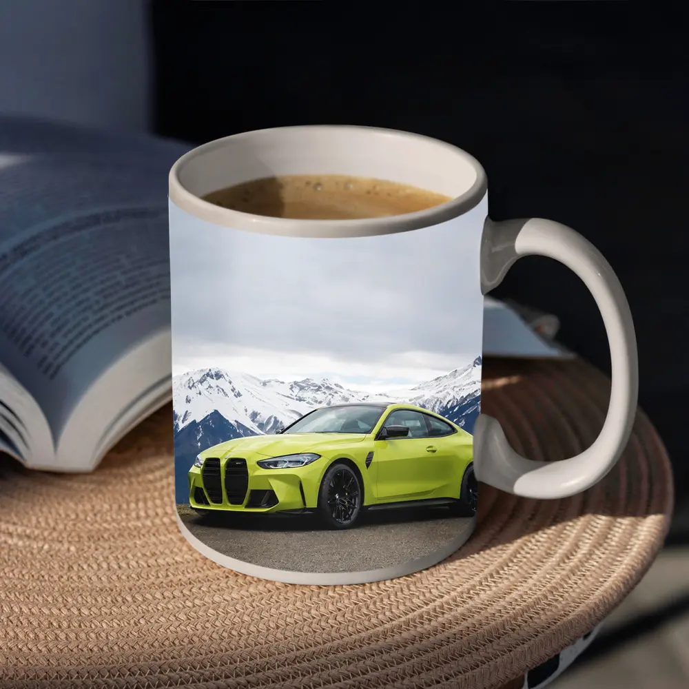 BMW M4 Coupe Green Alpine Mountain Background – Mugs