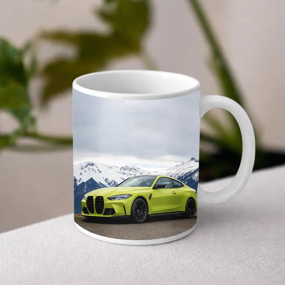 BMW M4 Coupe Green Alpine Mountain Background – Mugs