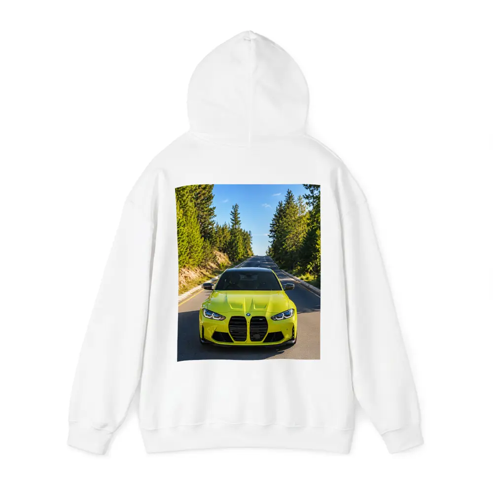 BMW M4 Yellow Front View Forest Road – Hoodies