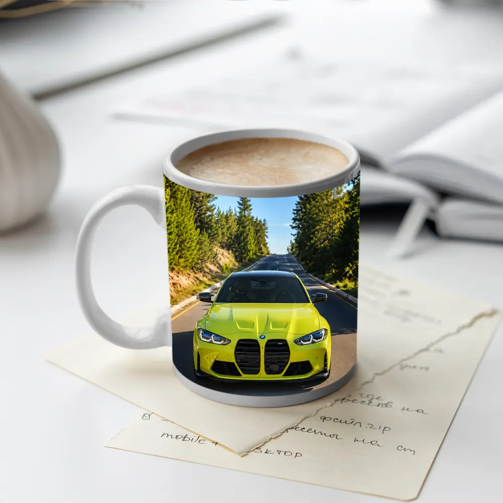 BMW M4 Yellow Front View Forest Road – Mugs