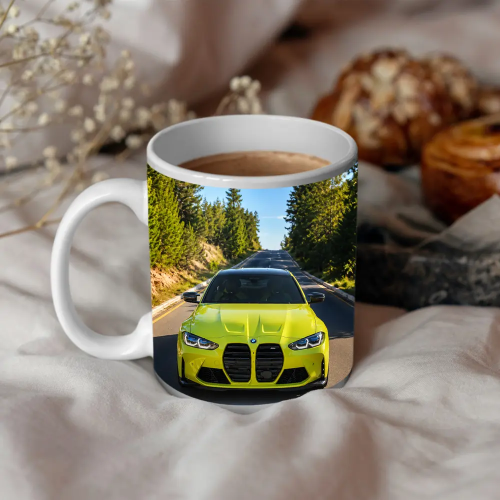 BMW M4 Yellow Front View Forest Road – Mugs
