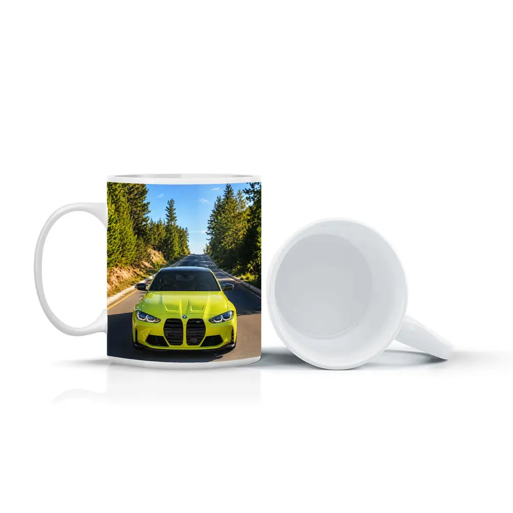 BMW M4 Yellow Front View Forest Road – Mugs