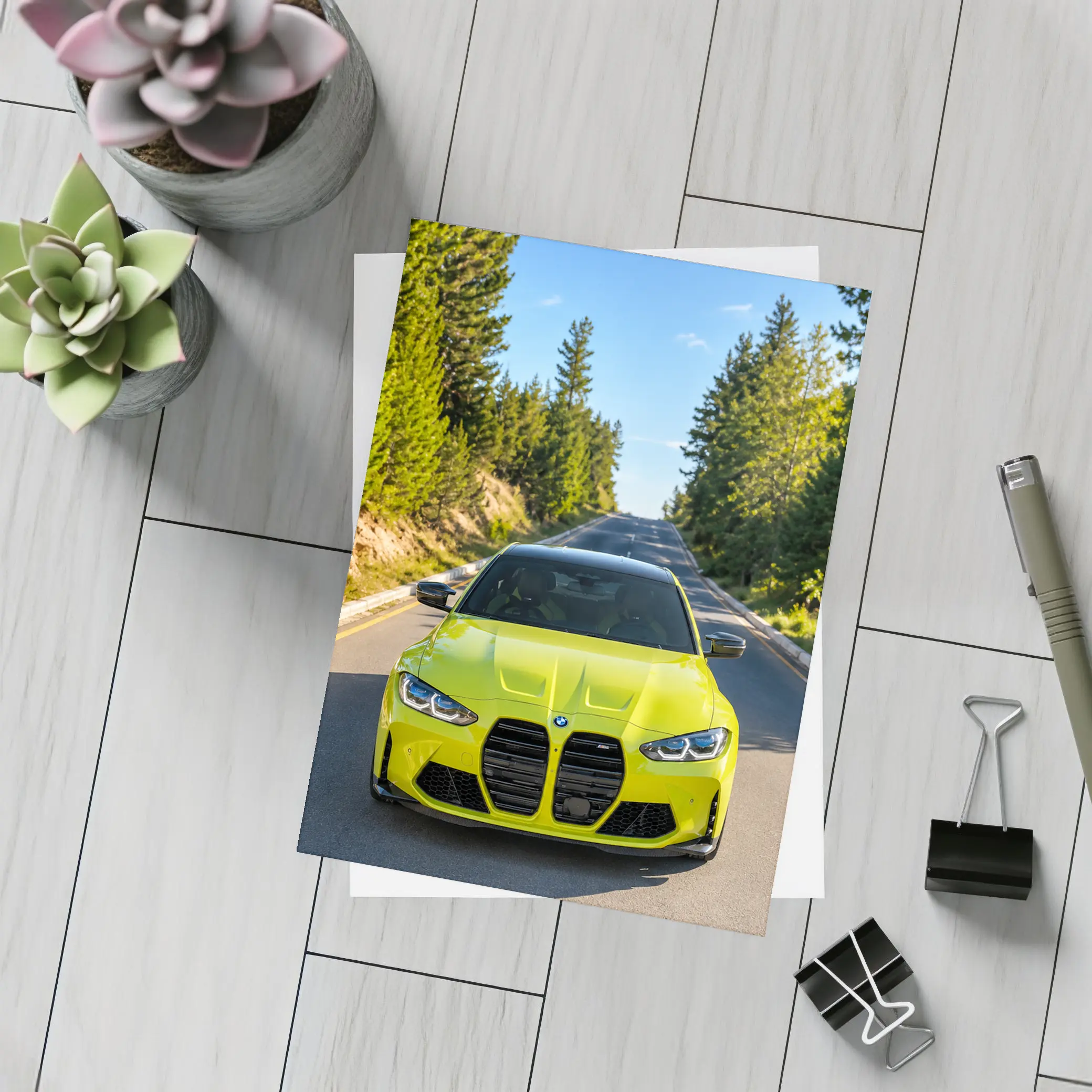 BMW M4 Yellow Front View Forest Road – Postcards