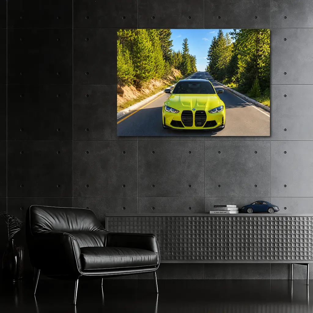 BMW M4 Yellow Front View Forest Road – Wall Art