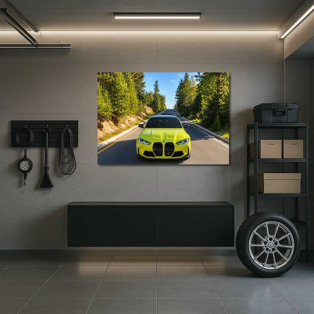 BMW M4 Yellow Front View Forest Road – Wall Art