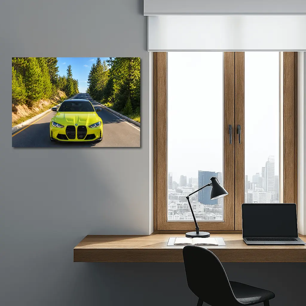 BMW M4 Yellow Front View Forest Road – Wall Art