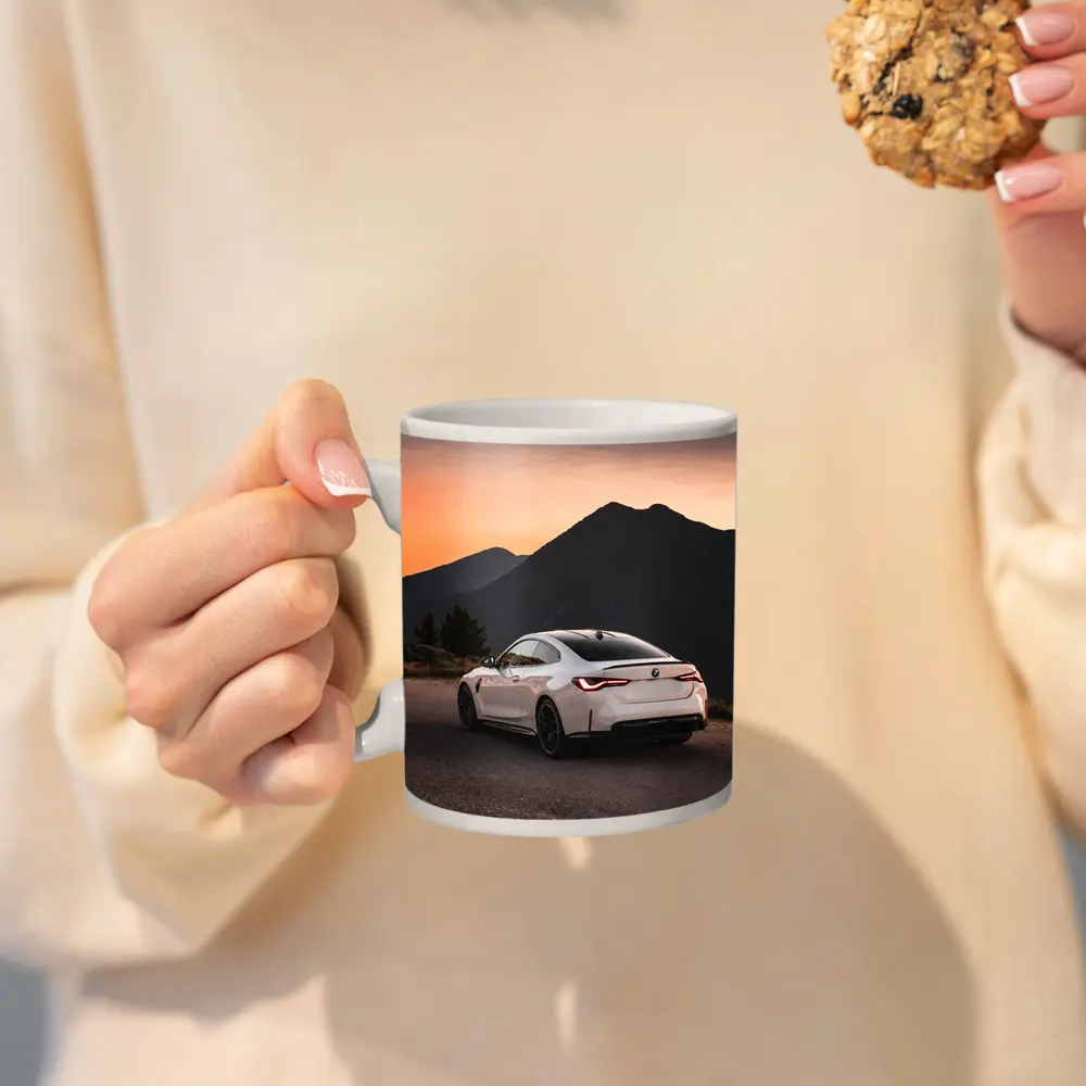 BMW M4 White Coupe Mountain Sunset View – Mugs