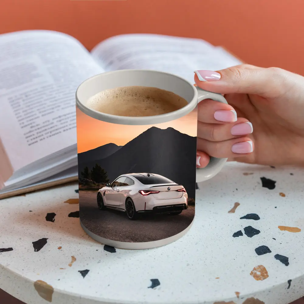 BMW M4 White Coupe Mountain Sunset View – Mugs