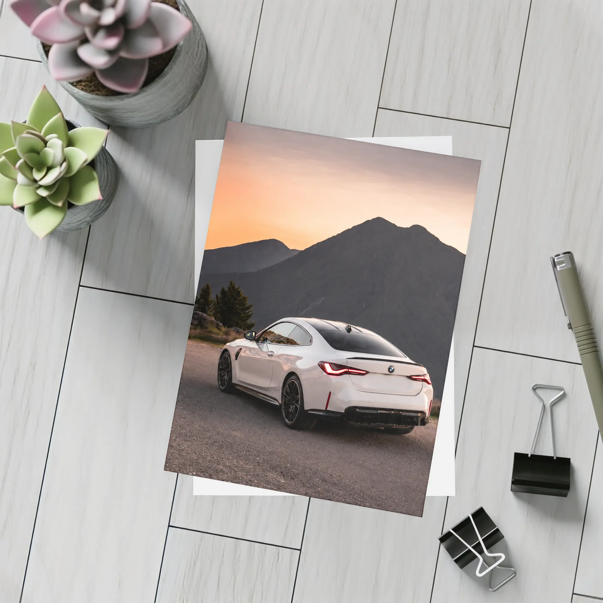 BMW M4 White Coupe Mountain Sunset View – Postcards
