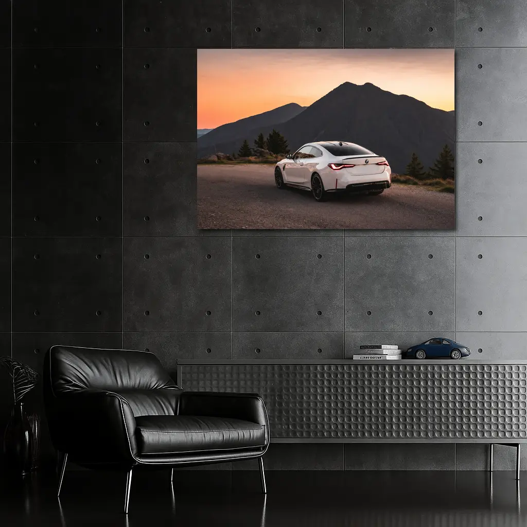 BMW M4 White Coupe Mountain Sunset View – Wall Art