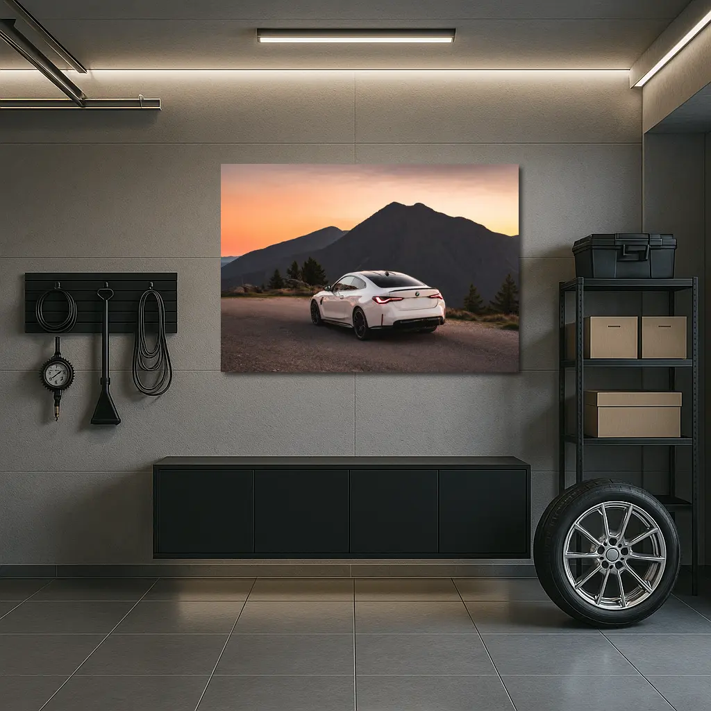 BMW M4 White Coupe Mountain Sunset View – Wall Art