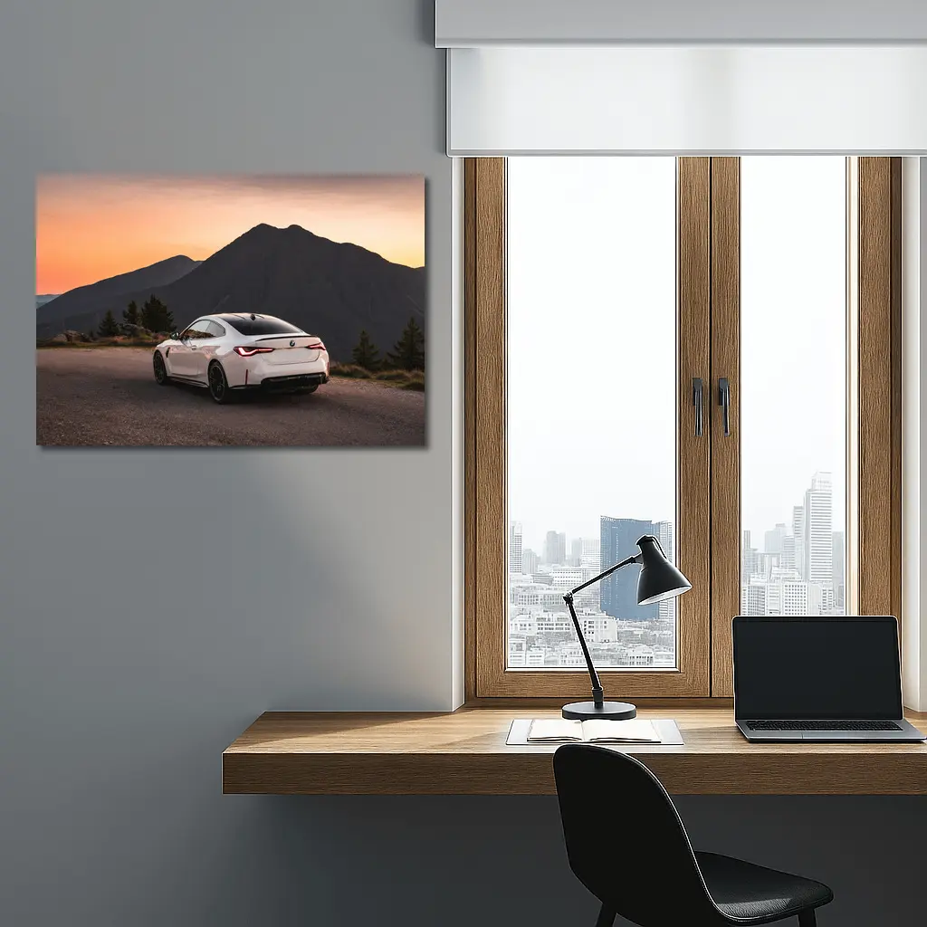BMW M4 White Coupe Mountain Sunset View – Wall Art