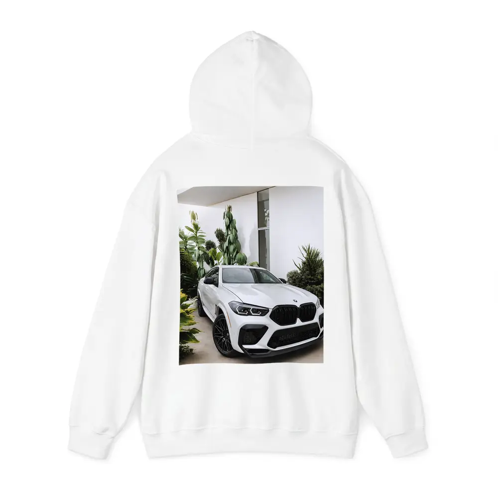 BMW X6M White SUV Tropical Plant Setting – Hoodies