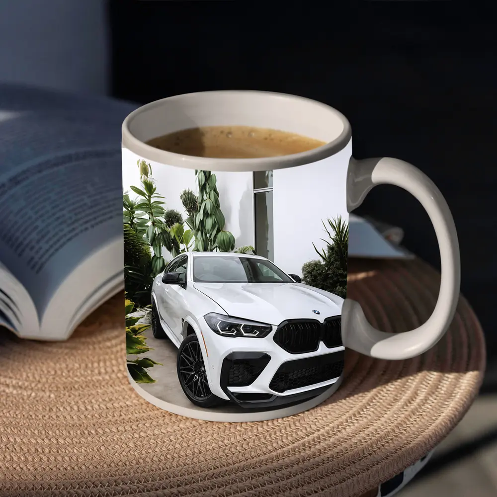 BMW X6M White SUV Tropical Plant Setting – Mugs
