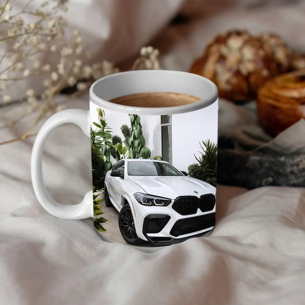 BMW X6M White SUV Tropical Plant Setting – Mugs