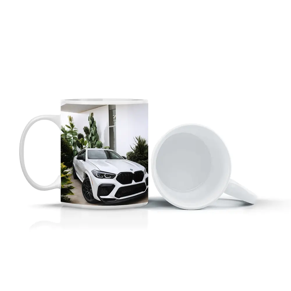 BMW X6M White SUV Tropical Plant Setting – Mugs