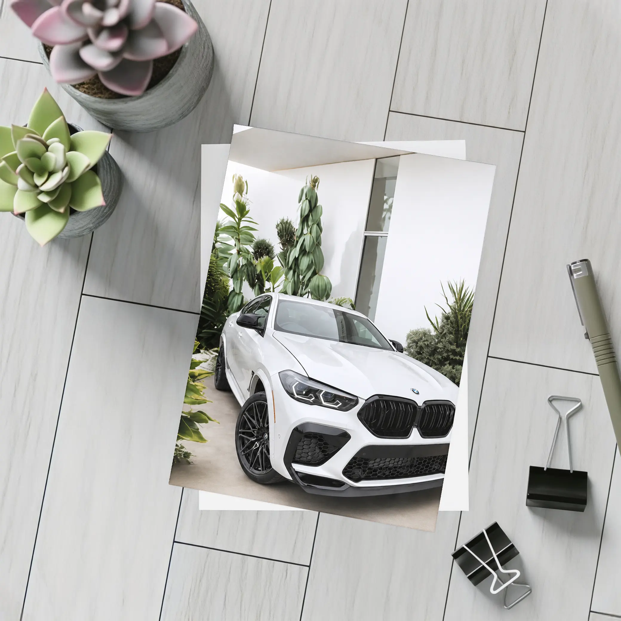 BMW X6M White SUV Tropical Plant Setting – Postcards