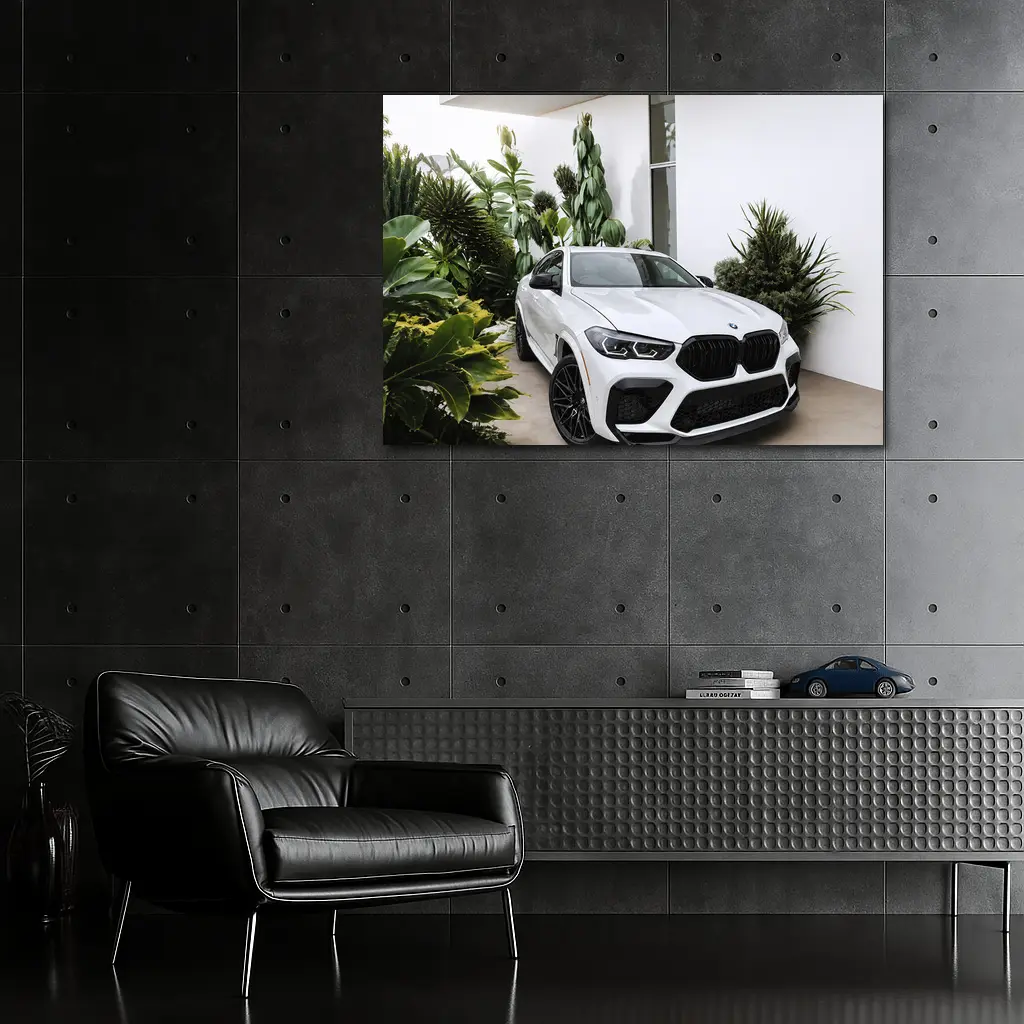 BMW X6M White SUV Tropical Plant Setting – Wall Art