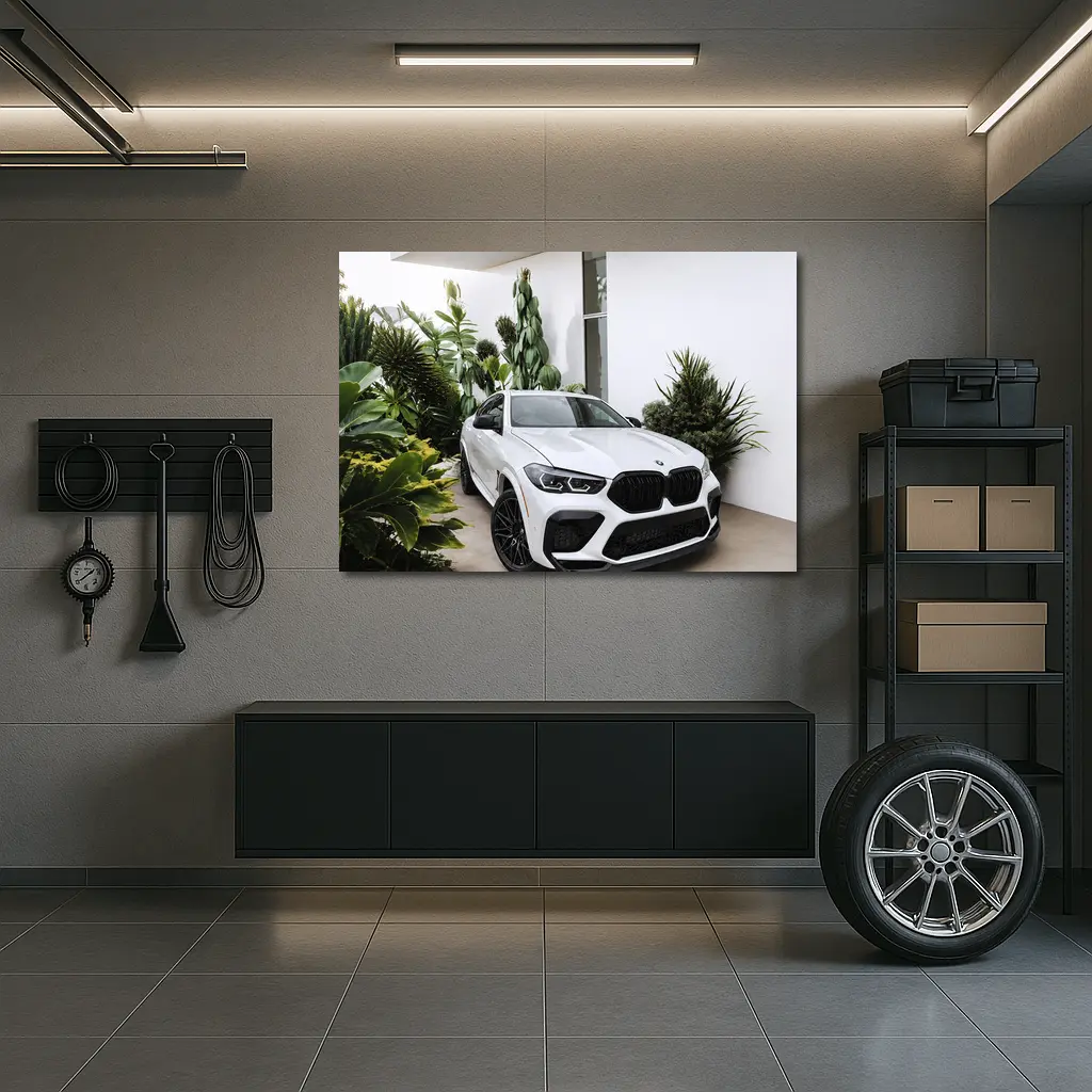 BMW X6M White SUV Tropical Plant Setting – Wall Art