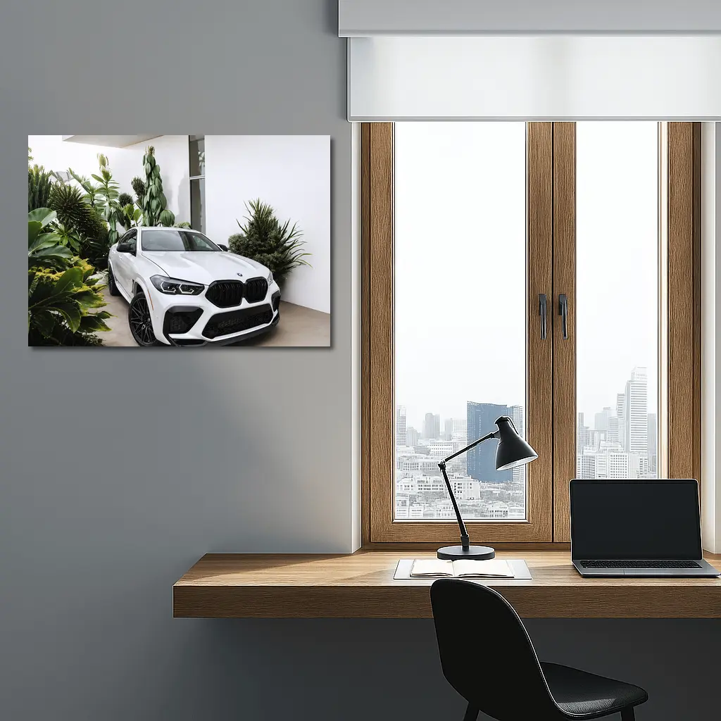 BMW X6M White SUV Tropical Plant Setting – Wall Art