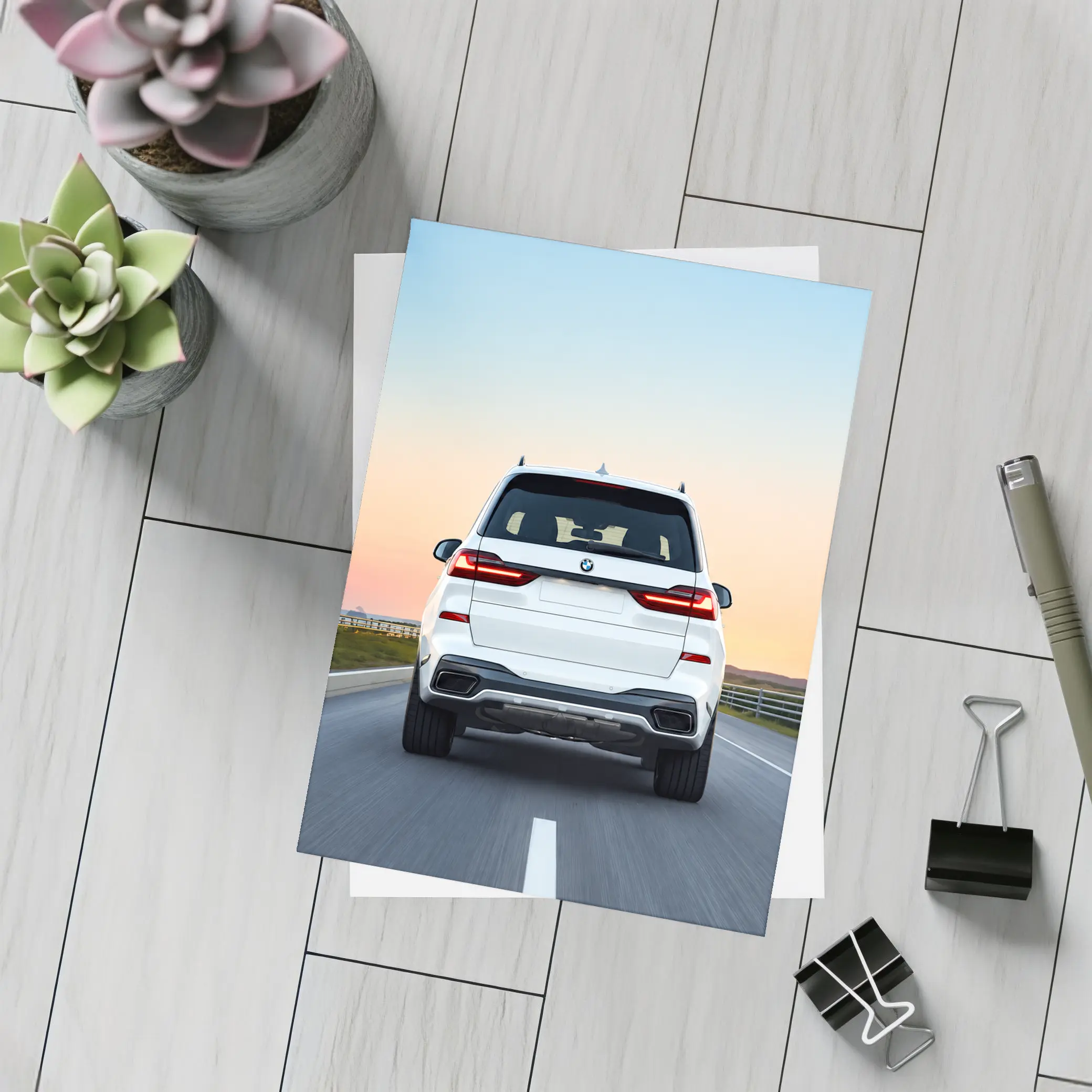 BMW X7 White SUV Sunset Highway Drive – Postcards