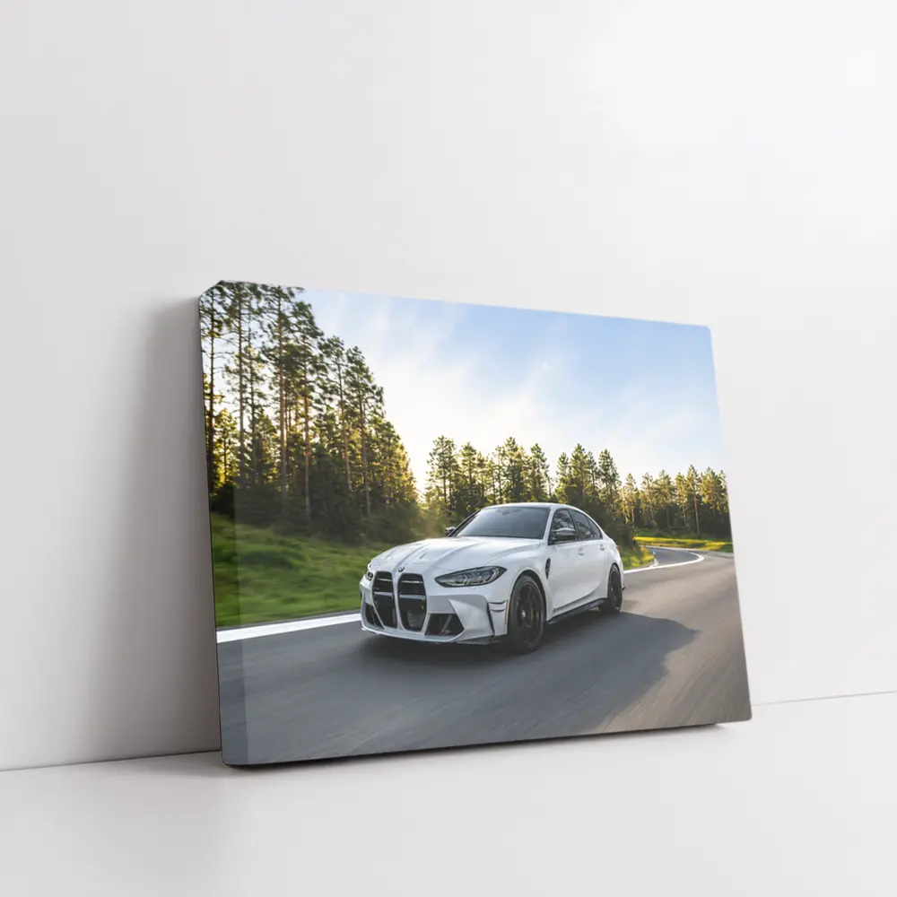 BMW M3 White Sedan on Forest Road – Wall Art