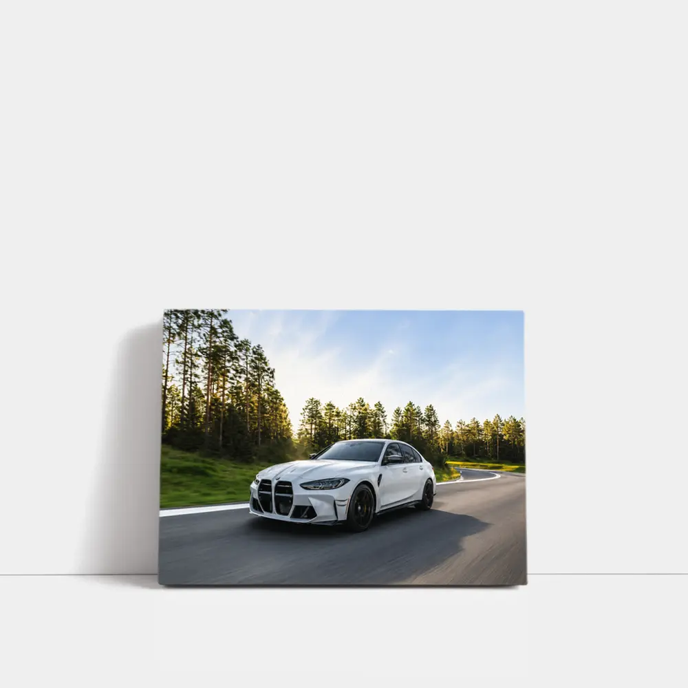 BMW M3 White Sedan on Forest Road – Wall Art