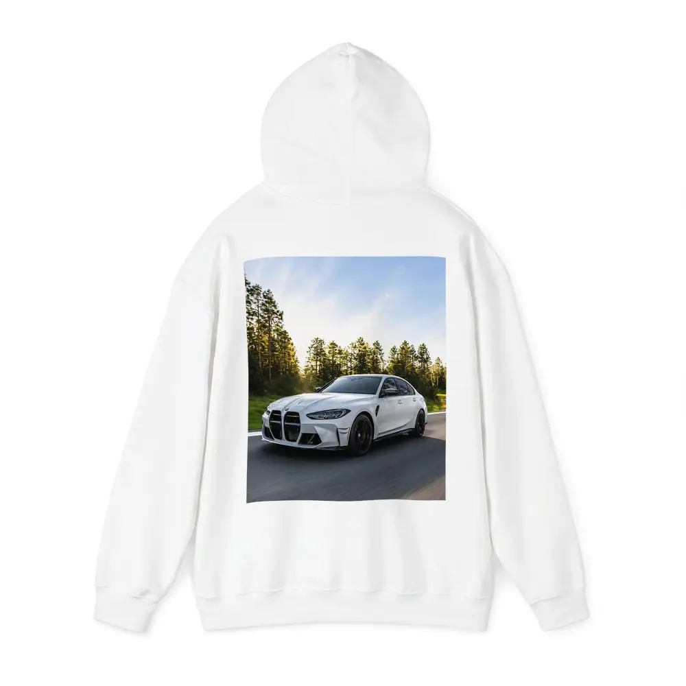 BMW M3 White Sedan on Forest Road – Hoodies