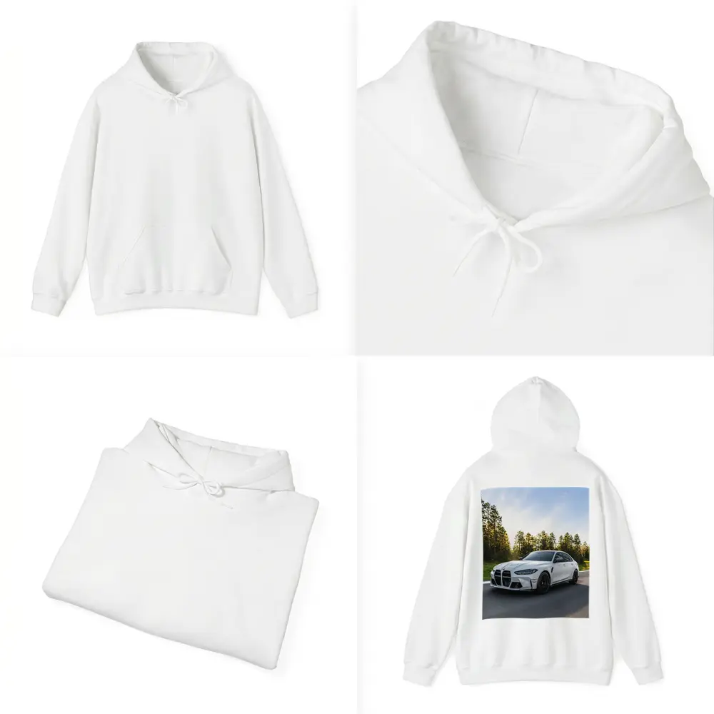 BMW M3 White Sedan on Forest Road – Hoodies