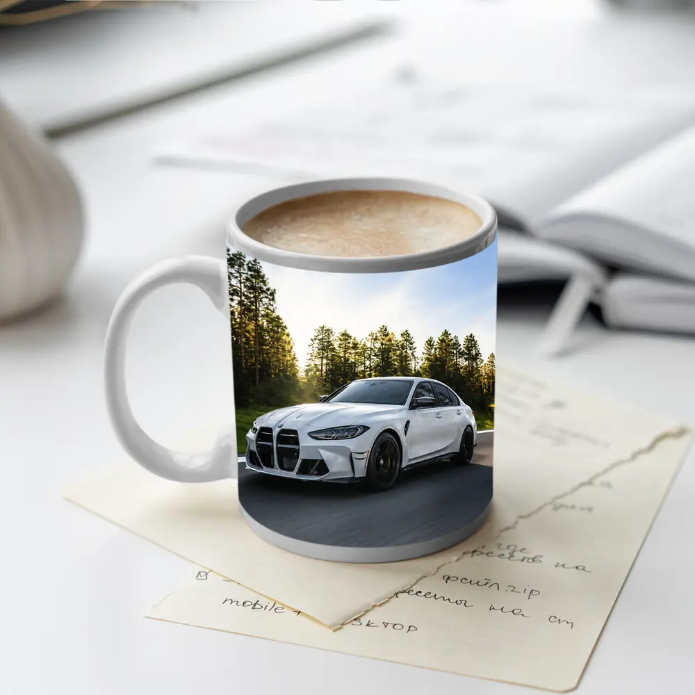 BMW M3 White Sedan on Forest Road – Mugs