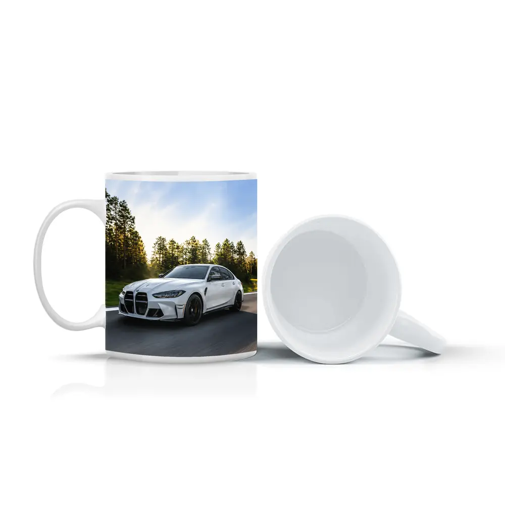 BMW M3 White Sedan on Forest Road – Mugs