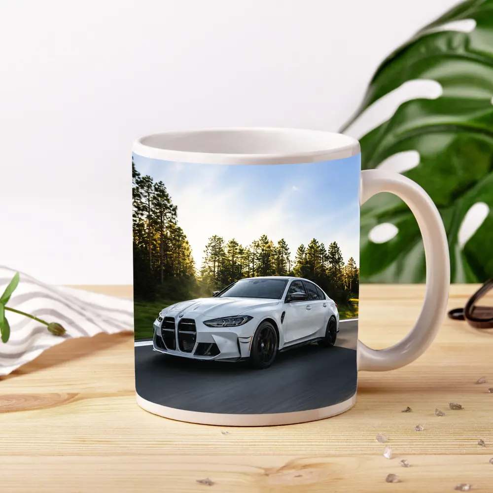 BMW M3 White Sedan on Forest Road – Mugs