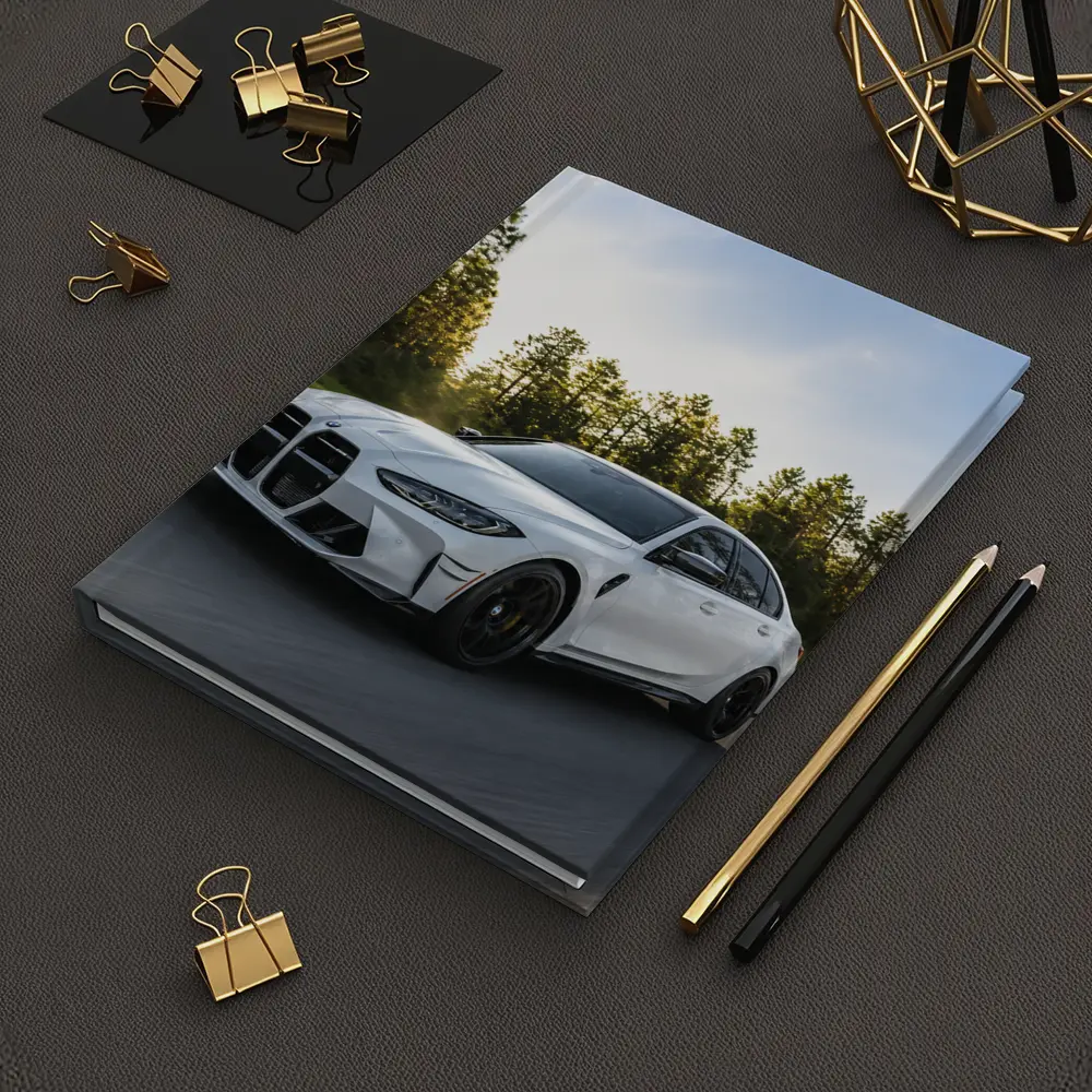 BMW M3 White Sedan on Forest Road – Notebooks