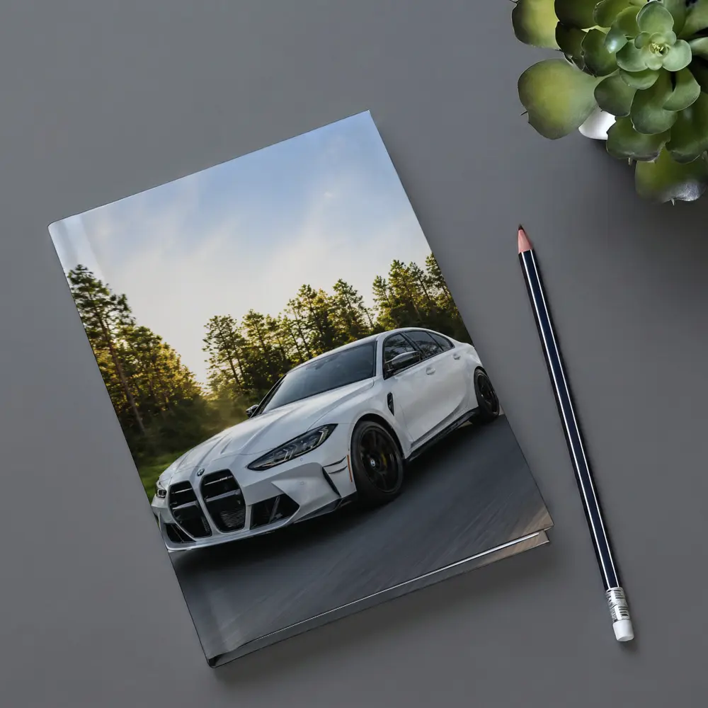 BMW M3 White Sedan on Forest Road – Notebooks