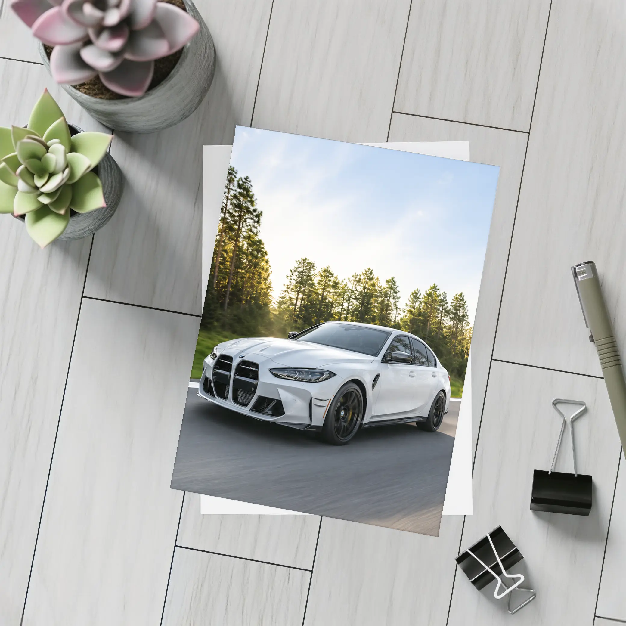 BMW M3 White Sedan on Forest Road – Postcards