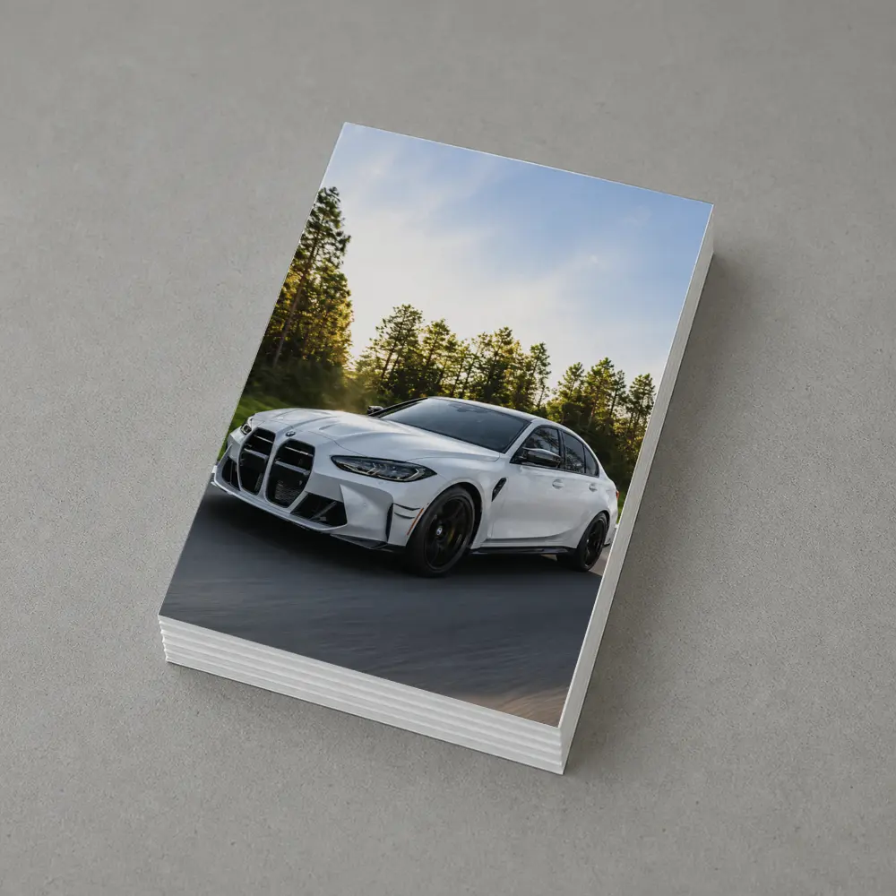 BMW M3 White Sedan on Forest Road – Postcards