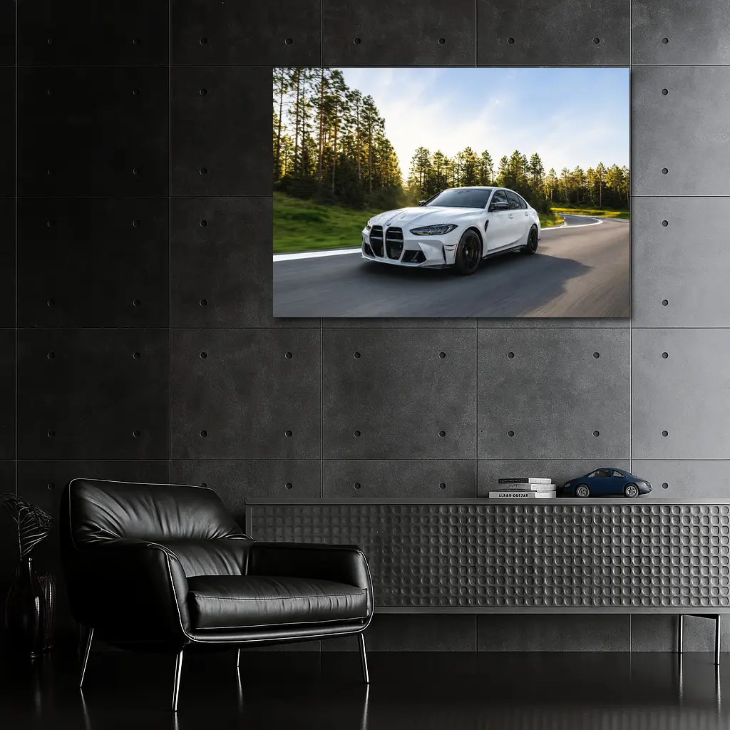 BMW M3 White Sedan on Forest Road – Wall Art