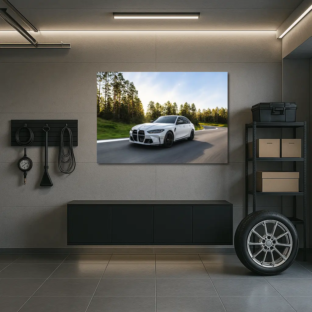 BMW M3 White Sedan on Forest Road – Wall Art