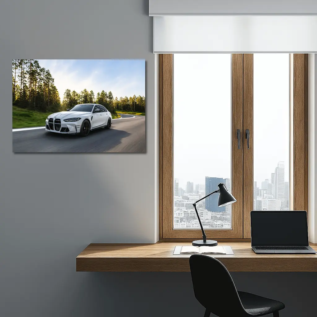 BMW M3 White Sedan on Forest Road – Wall Art