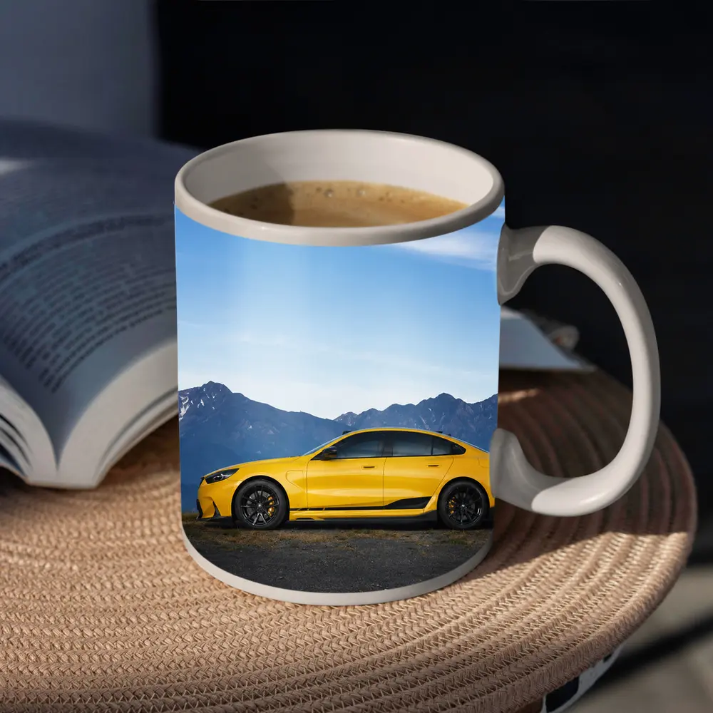 BMW M5 Yellow Coupe Mountain Backdrop – Mugs