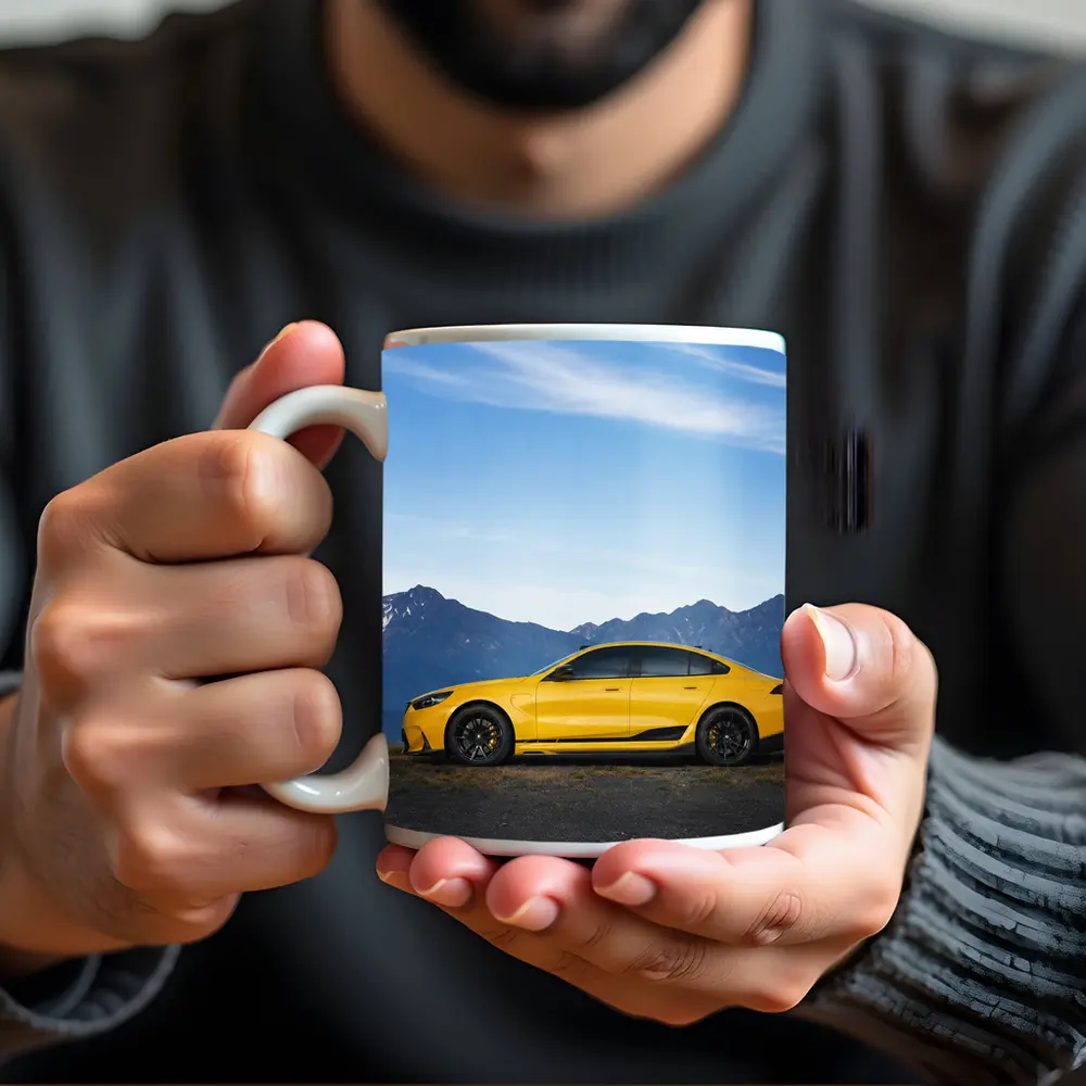 BMW M5 Yellow Coupe Mountain Backdrop – Mugs