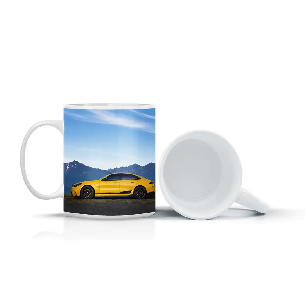 BMW M5 Yellow Coupe Mountain Backdrop – Mugs