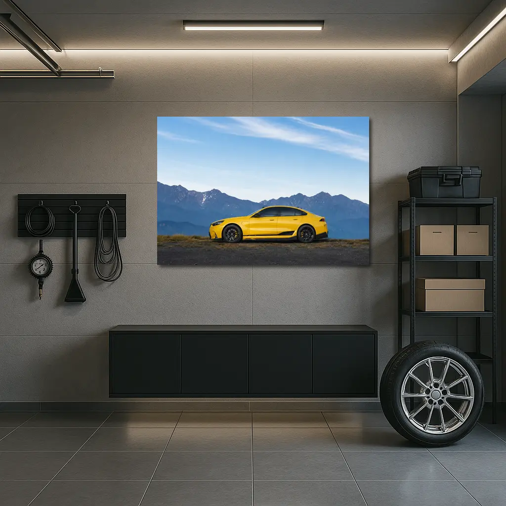 BMW M5 Yellow Coupe Mountain Backdrop – Wall Art