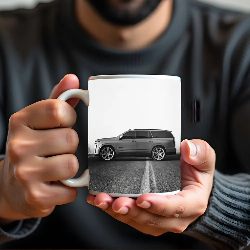 Cadillac Escalade SUV Misty Road Side View – Mugs
