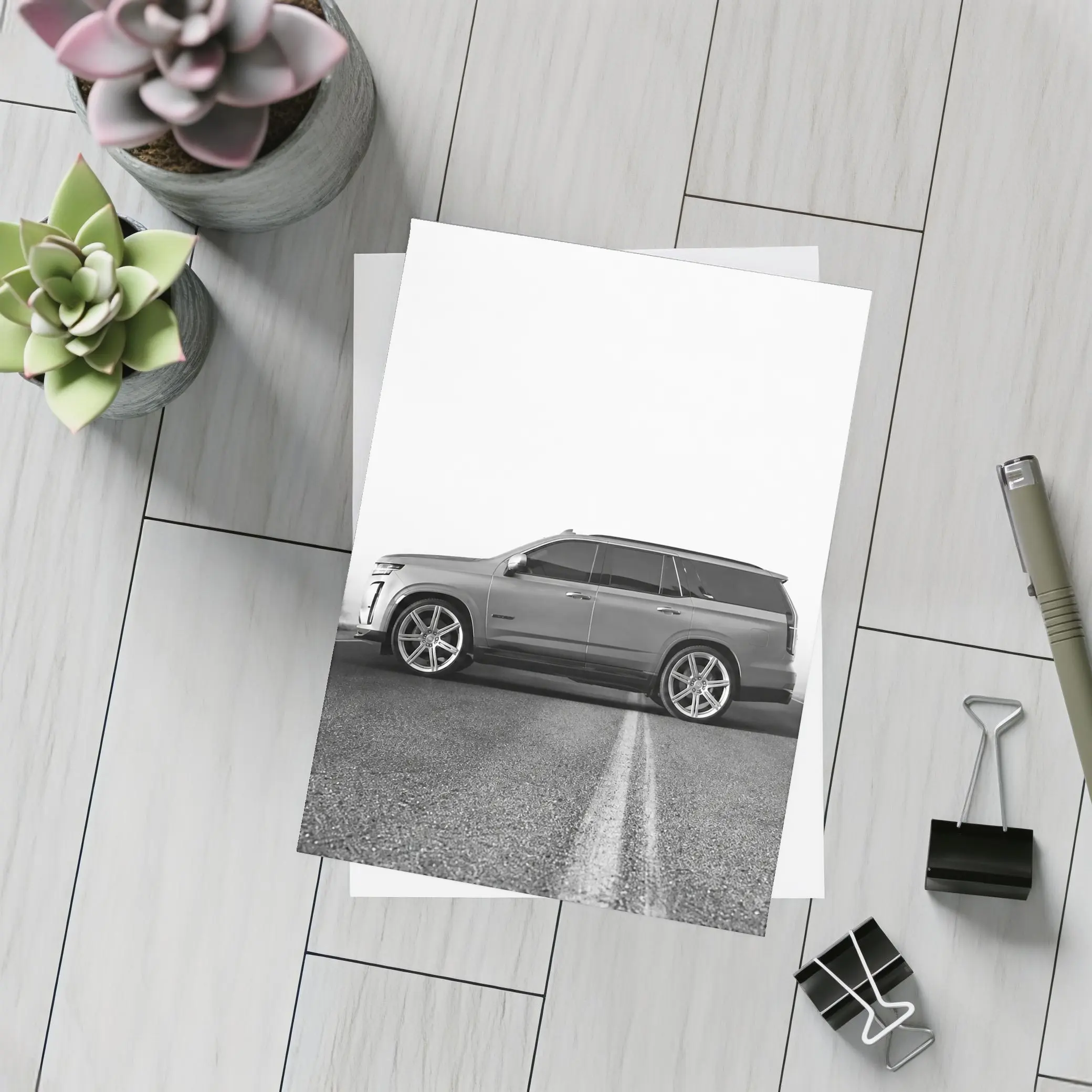 Cadillac Escalade SUV Misty Road Side View – Postcards