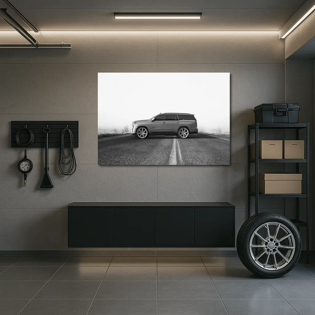 Cadillac Escalade SUV Misty Road Side View – Wall Art