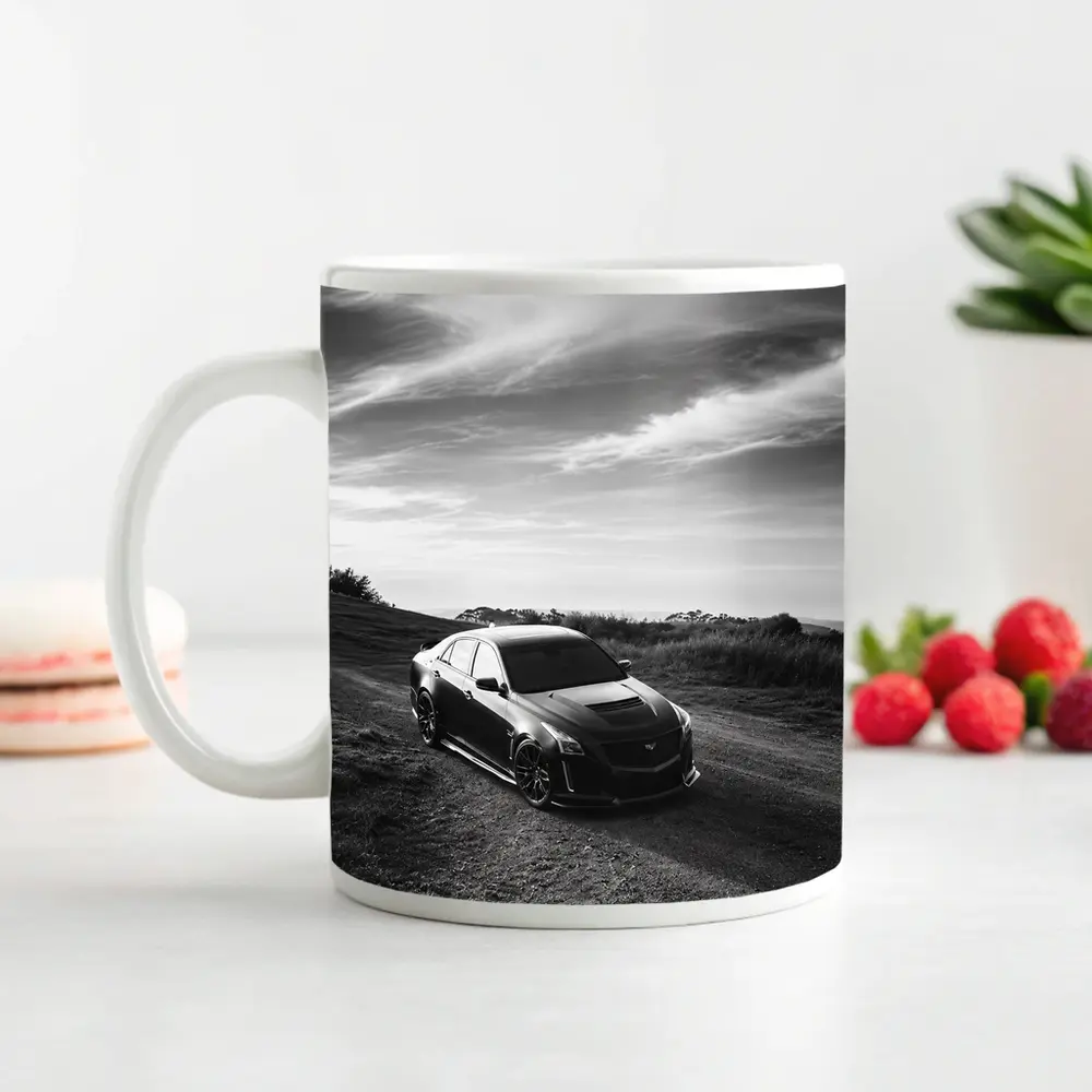 Cadillac CTS Black and White Rural Road – Mugs
