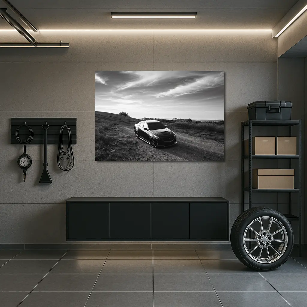 Cadillac CTS Black and White Rural Road – Wall Art