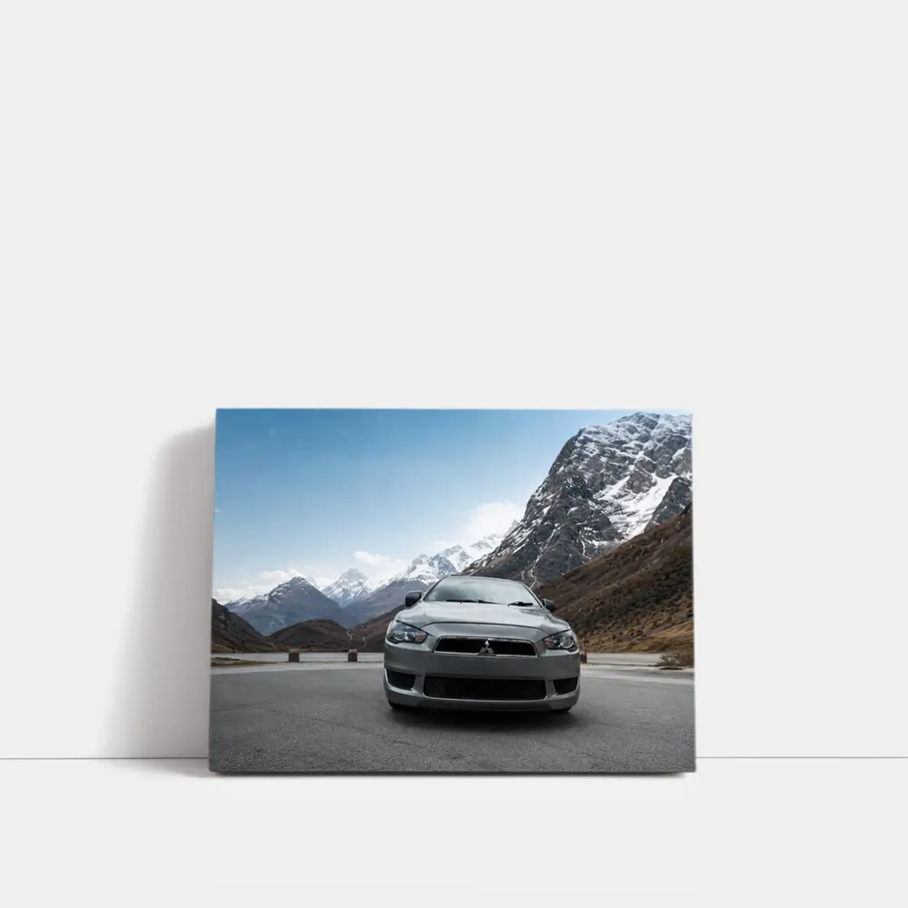Mitsubishi Lancer Front View Snowy Mountains – Wall Art