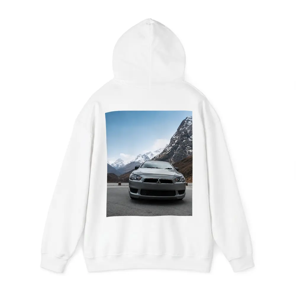Mitsubishi Lancer Front View Snowy Mountains – Hoodies